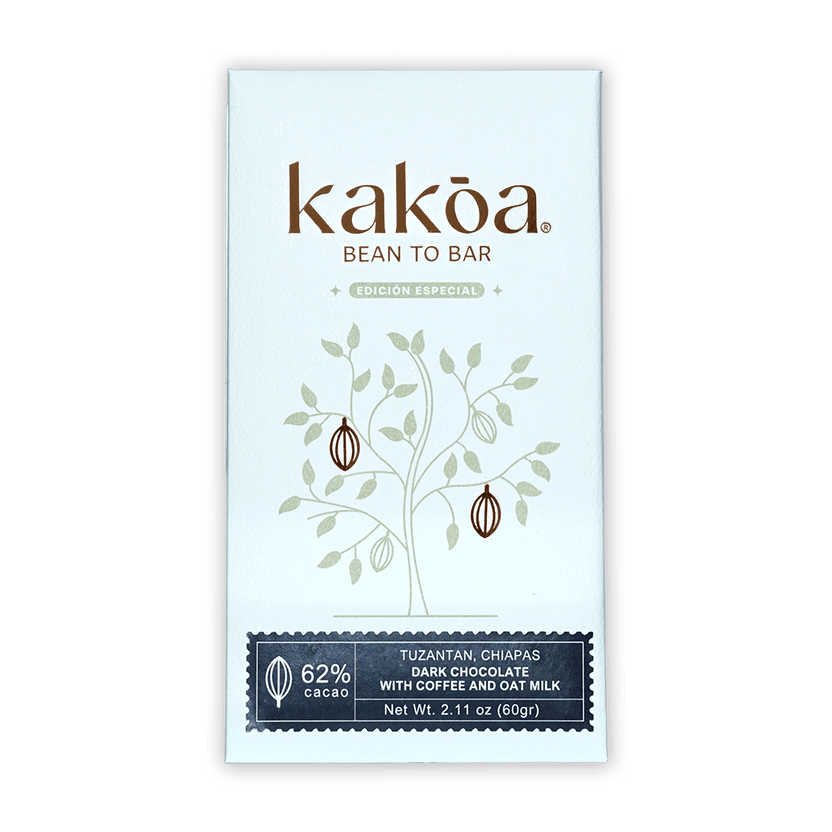 Kakoa 62% dark chocolate bar wrapper with coffee oat milk cacao pod design