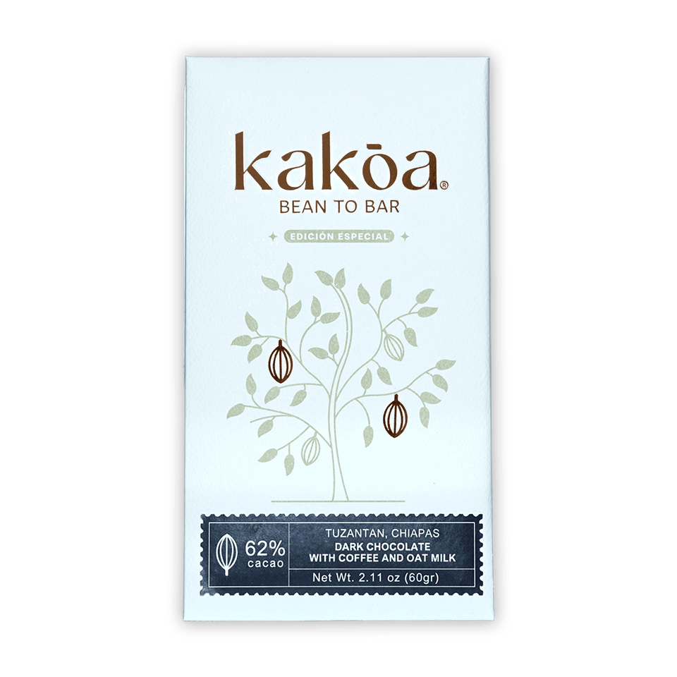 Kakoa 62% dark chocolate bar wrapper with coffee oat milk cacao pod design