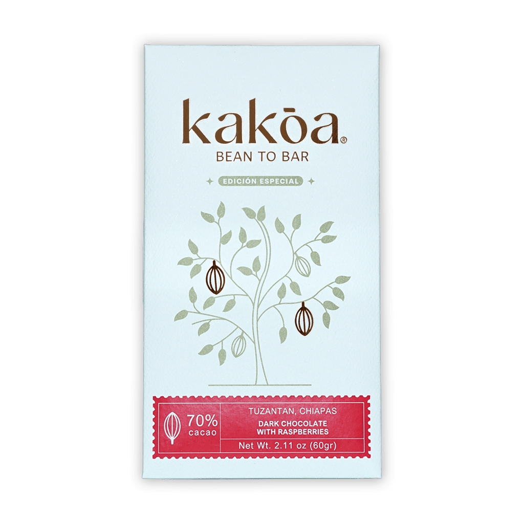 Kakoa Dark Chocolate with Raspberry 70% bar, white red package with cocoa pods