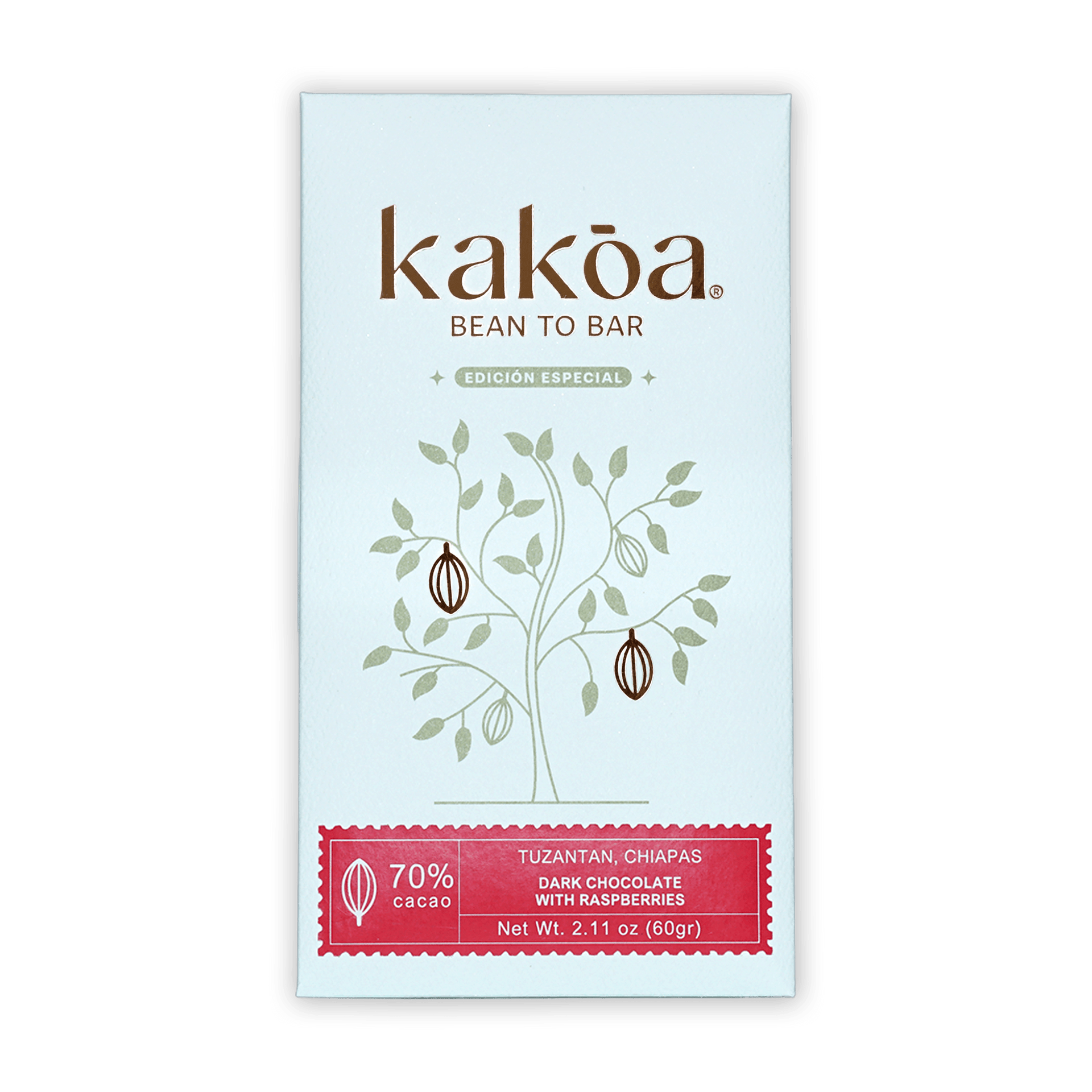 Kakoa Dark Chocolate with Raspberry 70% bar, white red package with cocoa pods
