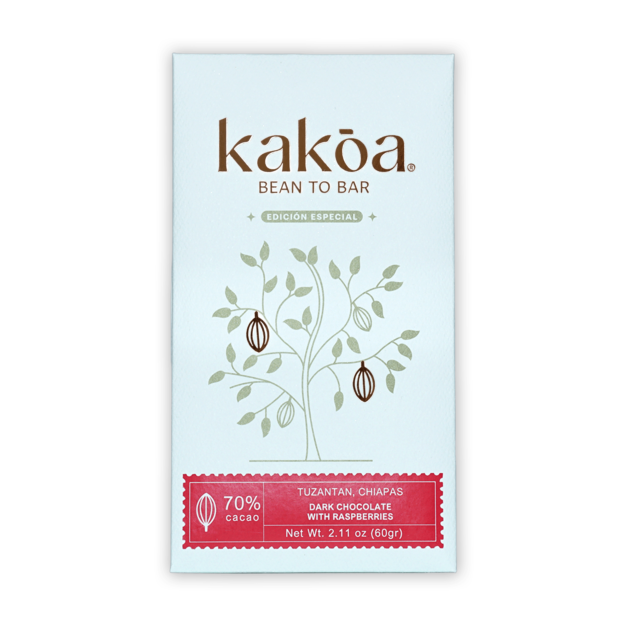 Kakoa Dark Chocolate with Raspberry 70% bar, white red package with cocoa pods