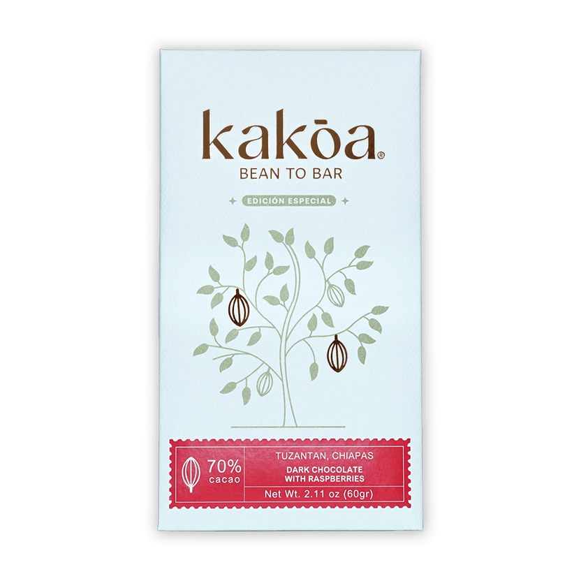 Kakoa Dark Chocolate with Raspberry 70% bar, white red package with cocoa pods