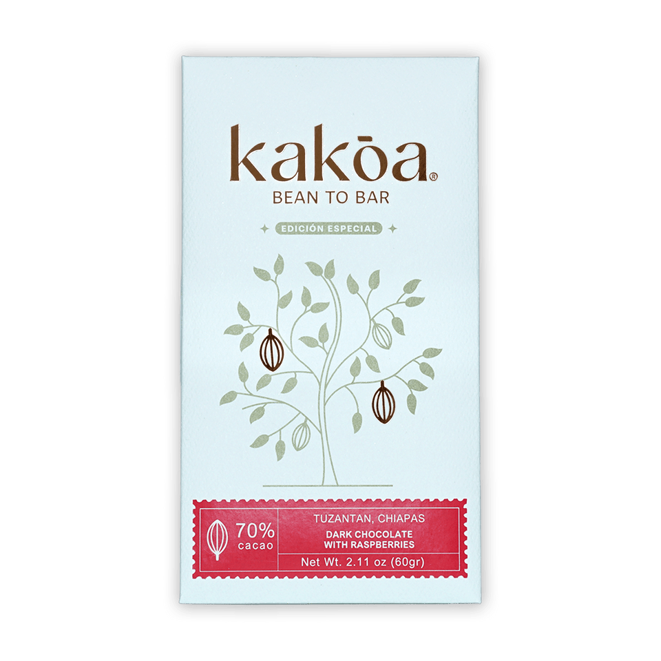 Kakoa Dark Chocolate with Raspberry 70% bar, white red package with cocoa pods