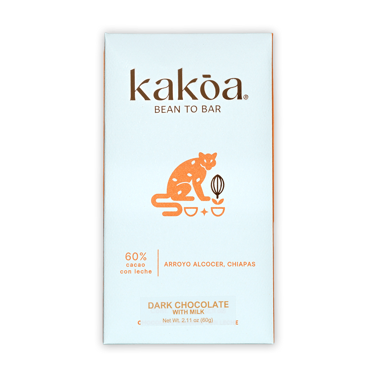 Kakoa Milk Chocolate Arroyo Alcocer 60% bar with jaguar design