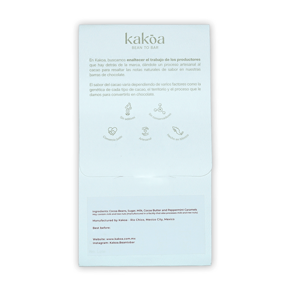 Kakoa Milk Chocolate w/ Mint Caramel 60% light blue wrapper back with Spanish text