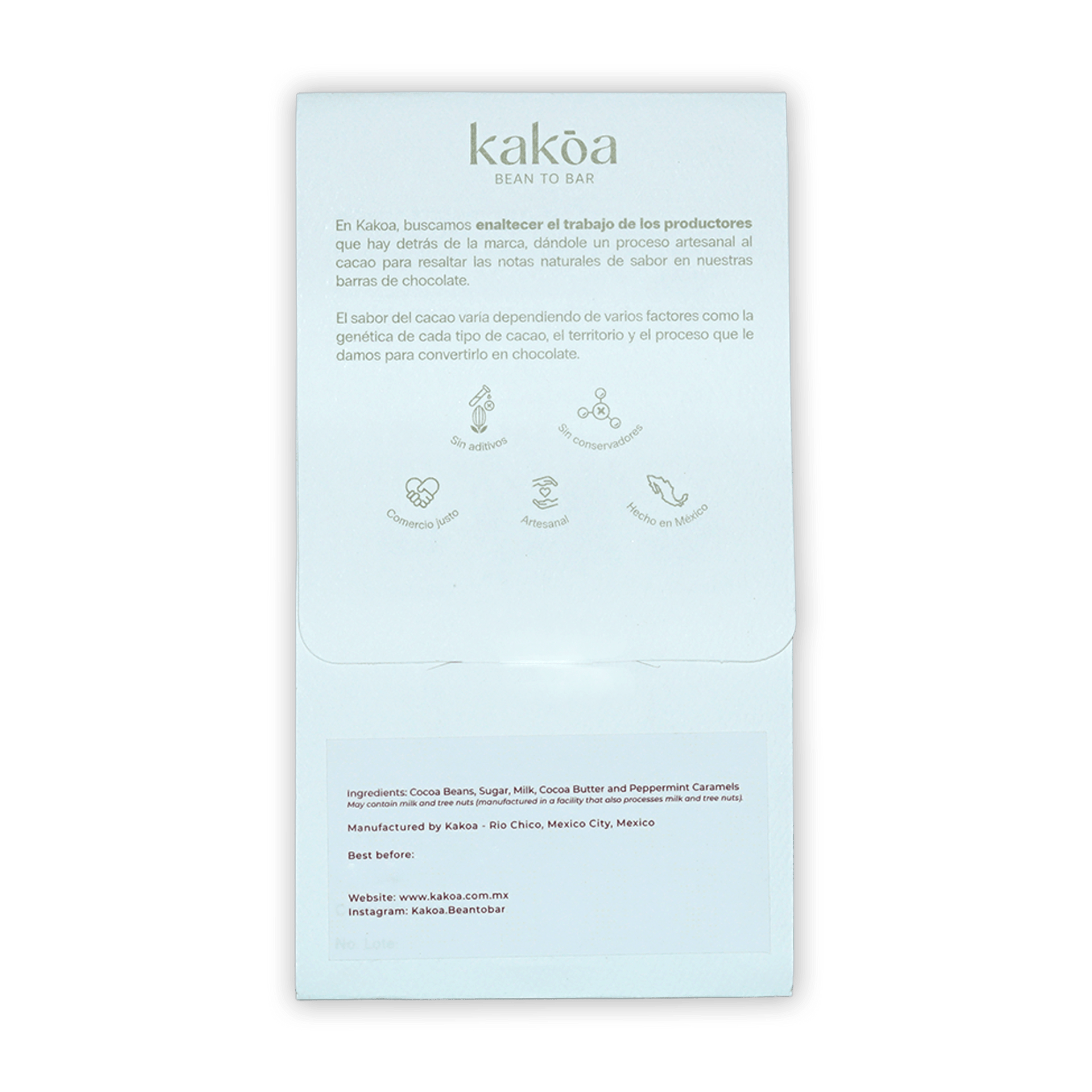 Kakoa Milk Chocolate w/ Mint Caramel 60% light blue wrapper back with Spanish text