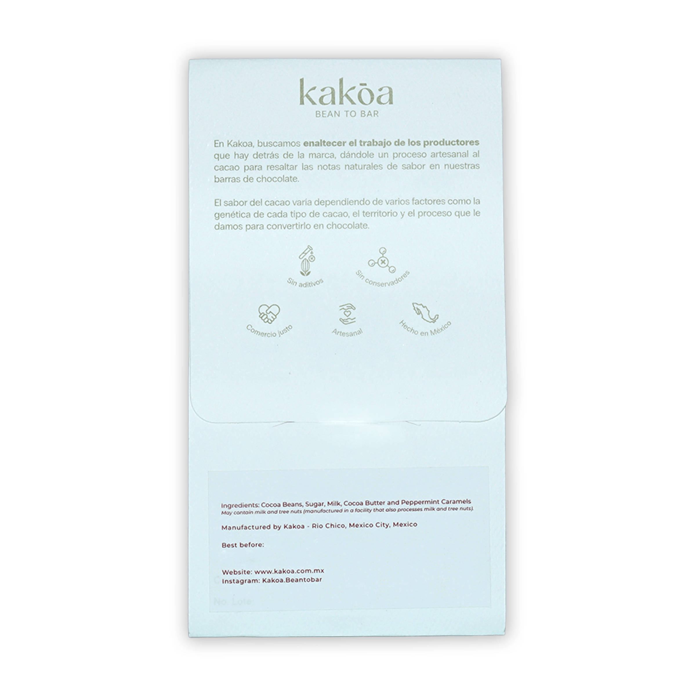 Kakoa Milk Chocolate w/ Mint Caramel 60% light blue wrapper back with Spanish text