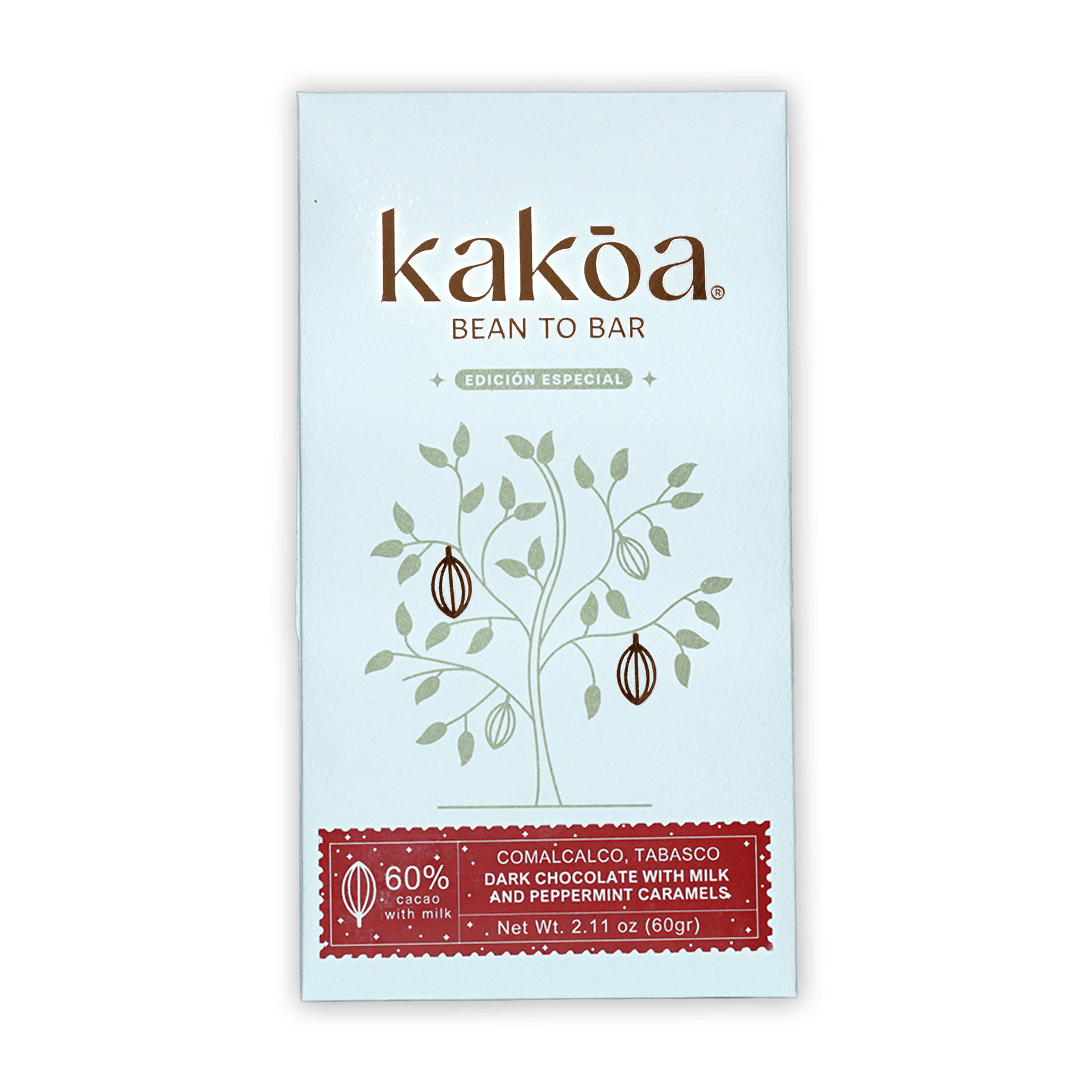 Kakoa 60% milk chocolate with mint caramel, bean-to-bar, minimalist cocoa tree design