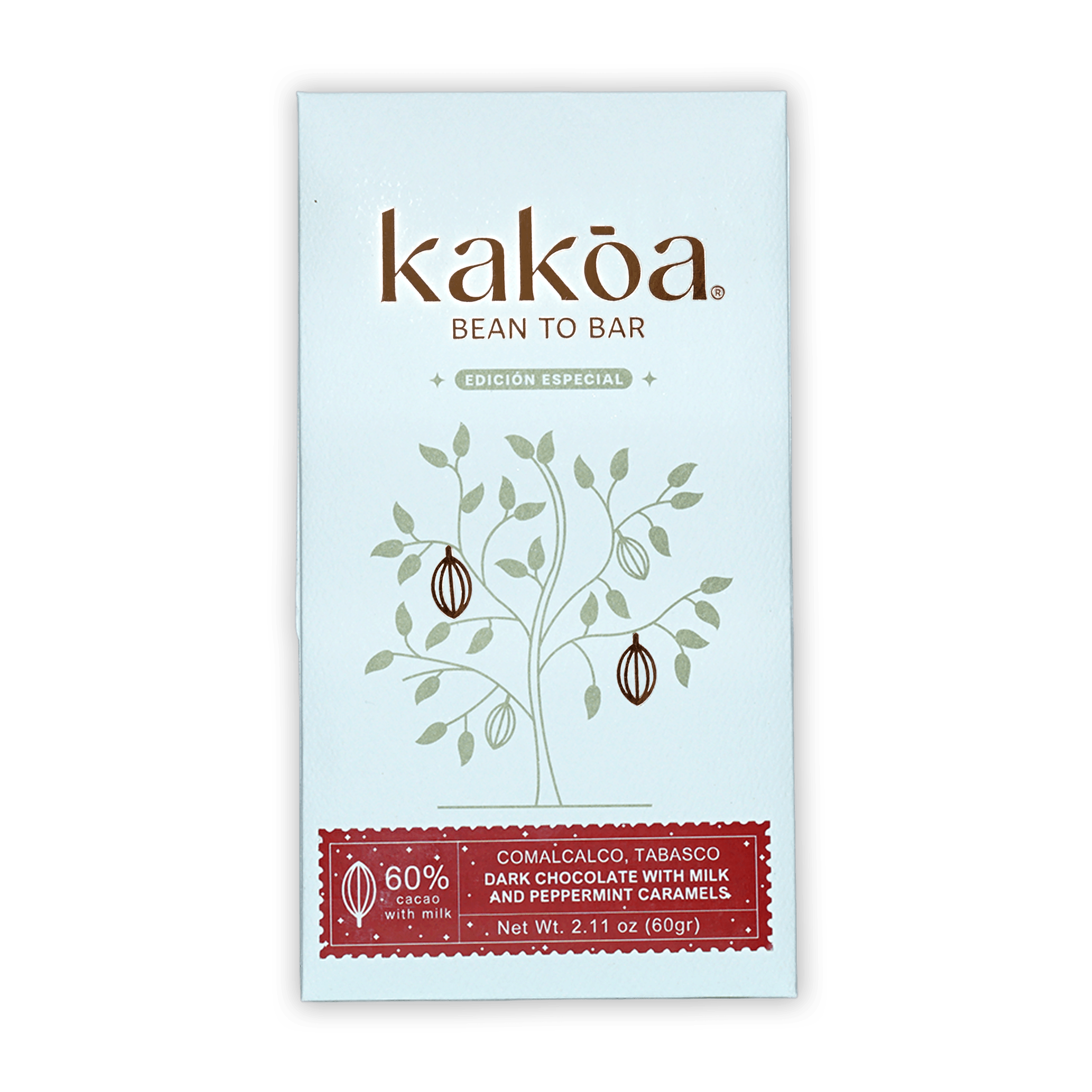 Kakoa 60% milk chocolate with mint caramel, bean-to-bar, minimalist cocoa tree design