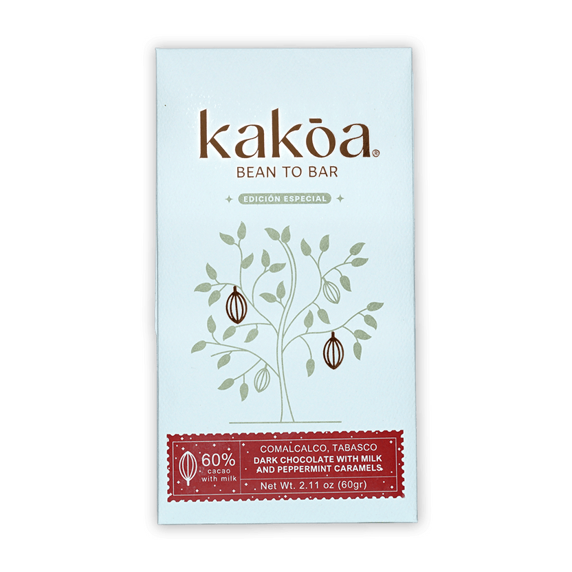 Kakoa 60% milk chocolate with mint caramel, bean-to-bar, minimalist cocoa tree design