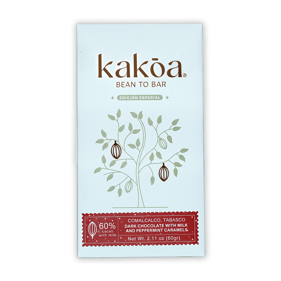 Kakoa 60% milk chocolate with mint caramel, bean-to-bar, minimalist cocoa tree design