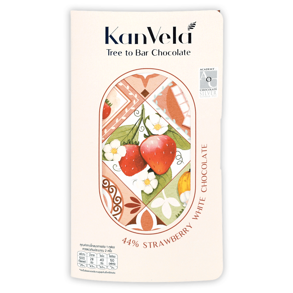 KanVela Strawberry White Chocolate 44% bar in cream wrapper