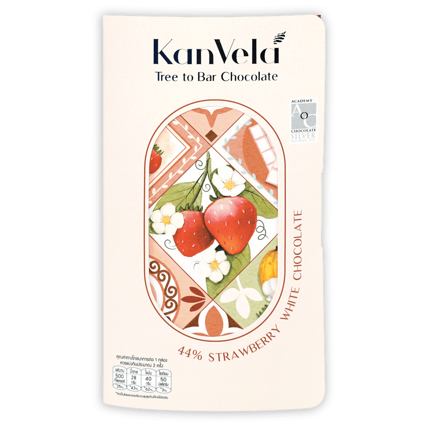 KanVela Strawberry White Chocolate 44% bar in cream wrapper