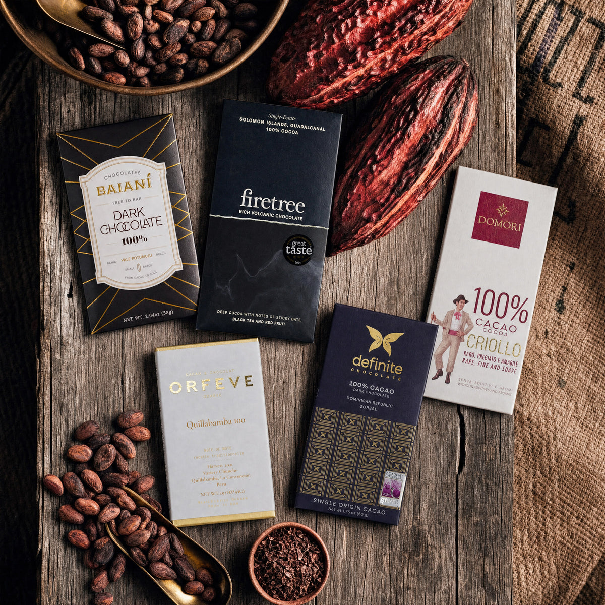 Keep It 100 chocolate gift bundle, 100% dark bars with cacao pods and beans.