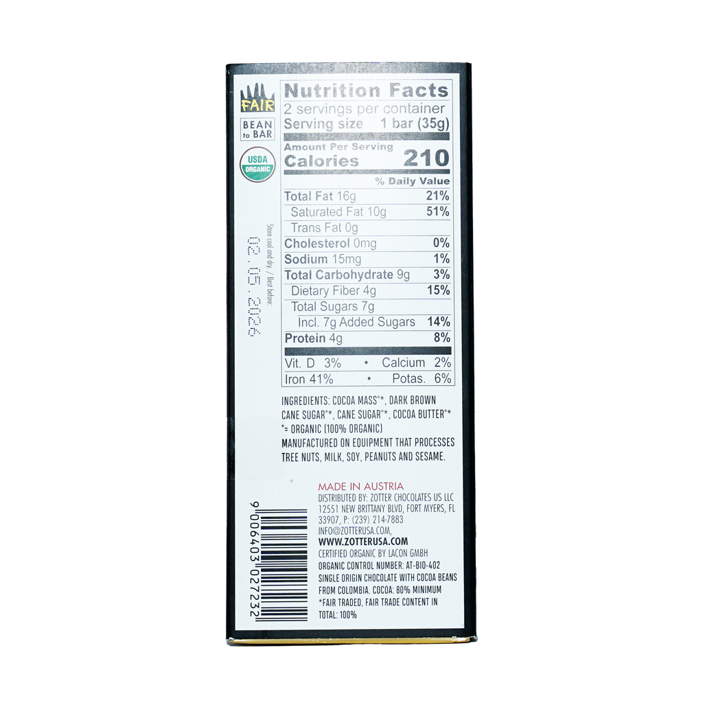 Back of Labooko Dark Colombia 80% white wrapper with organic logos and nutrition facts