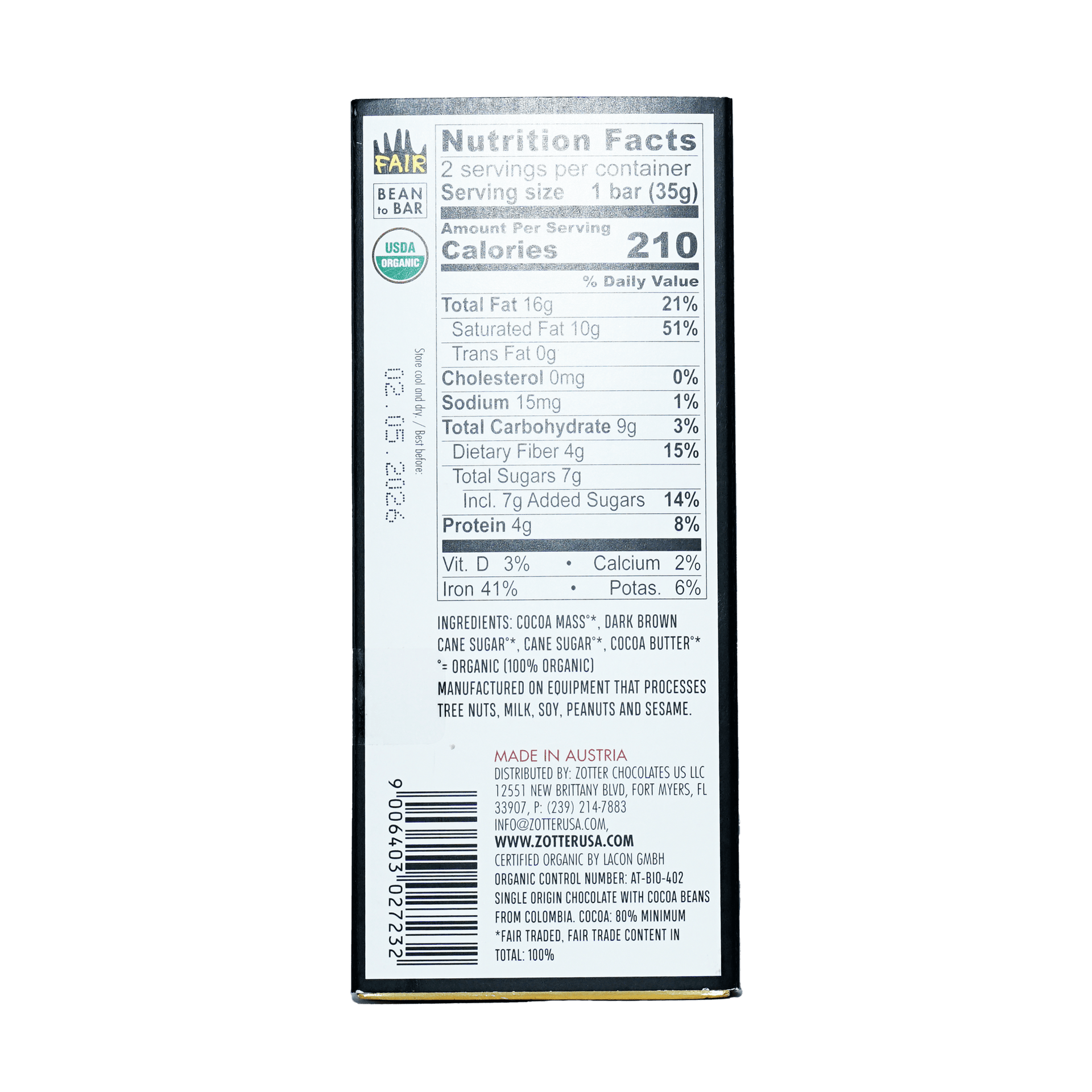 Back of Labooko Dark Colombia 80% white wrapper with organic logos and nutrition facts