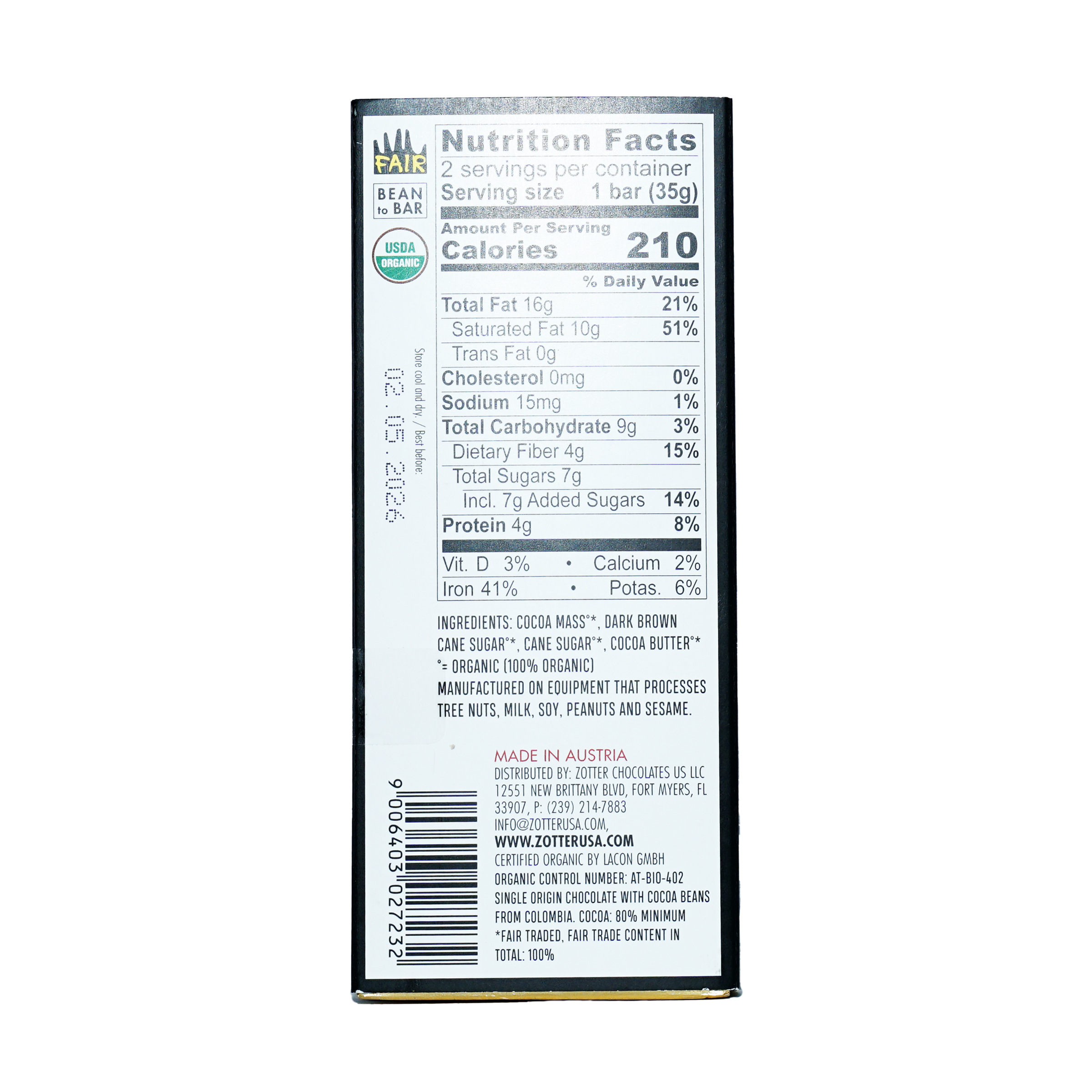 Back of Labooko Dark Colombia 80% white wrapper with organic logos and nutrition facts
