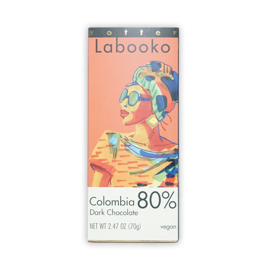 Labooko Dark Colombia 80% chocolate bar in vibrant illustrated wrapper
