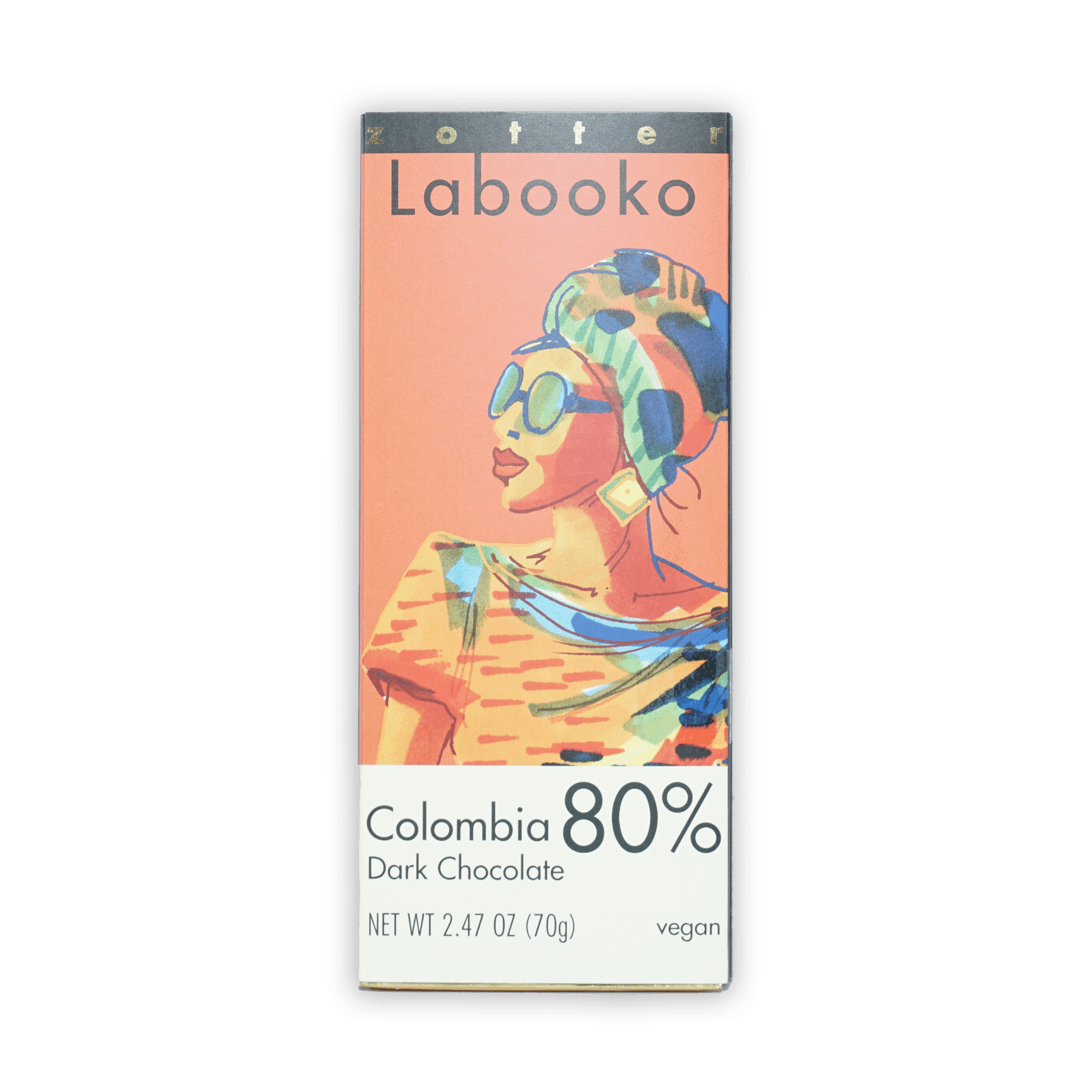Labooko Dark Colombia 80% chocolate bar in vibrant illustrated wrapper