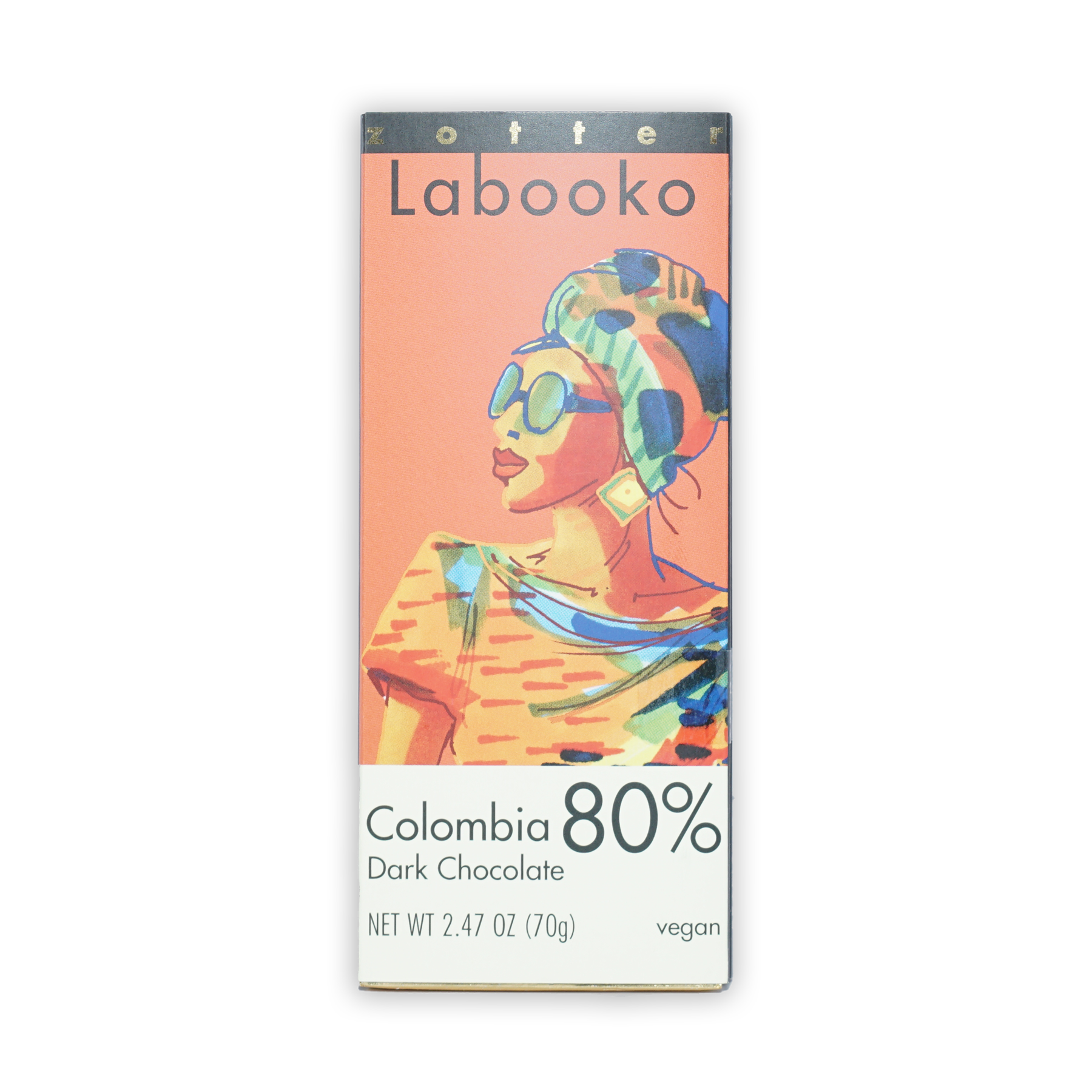 Labooko Dark Colombia 80% chocolate bar in vibrant illustrated wrapper