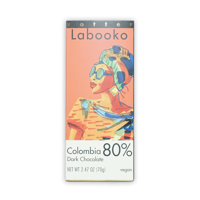 Labooko Dark Colombia 80% chocolate bar in vibrant illustrated wrapper
