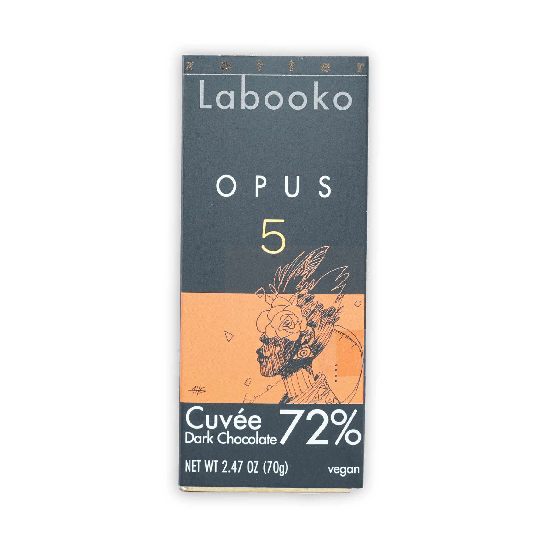 Labooko Opus 5 72% dark chocolate bar with orange black artistic wrapper