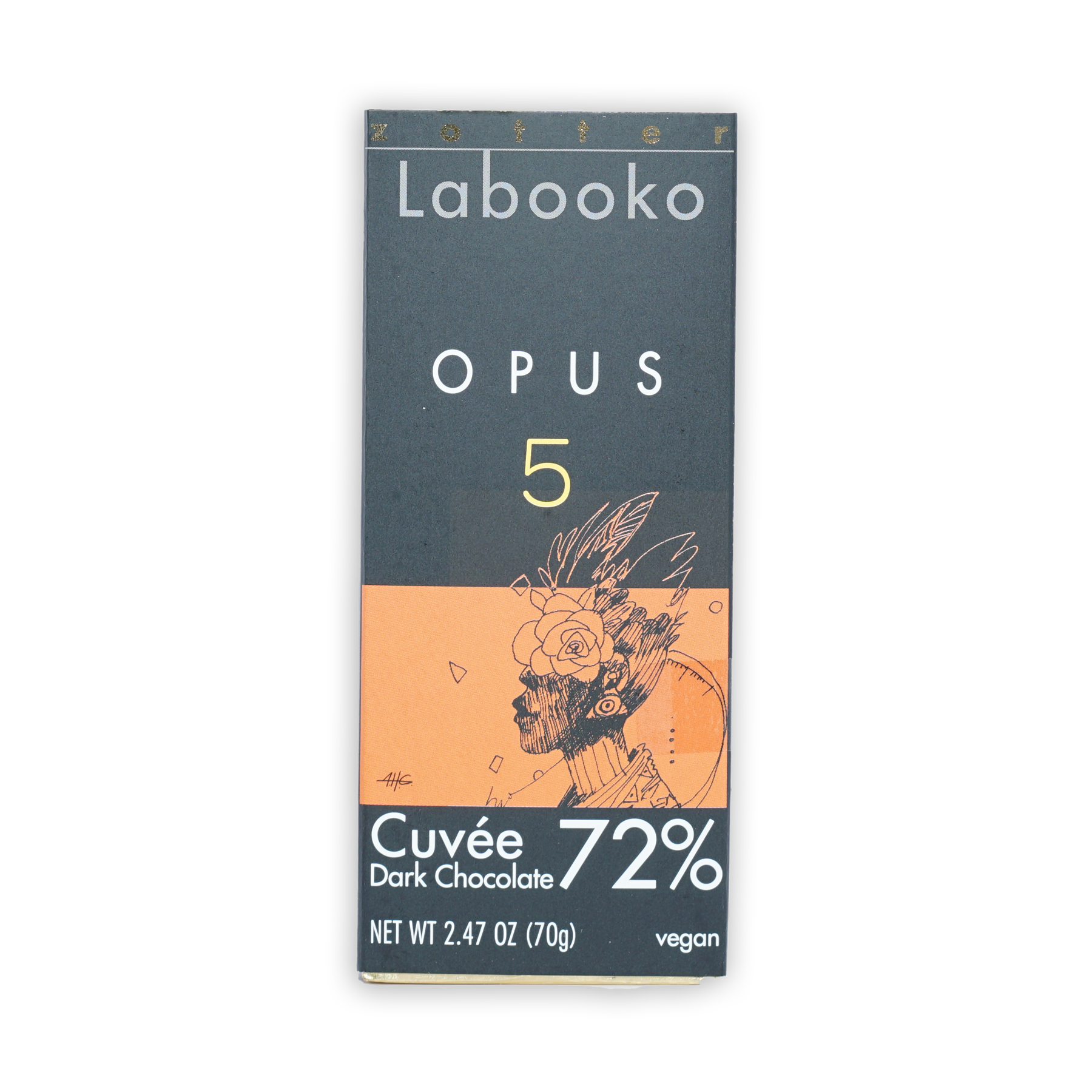 Labooko Opus 5 72% dark chocolate bar with orange black artistic wrapper