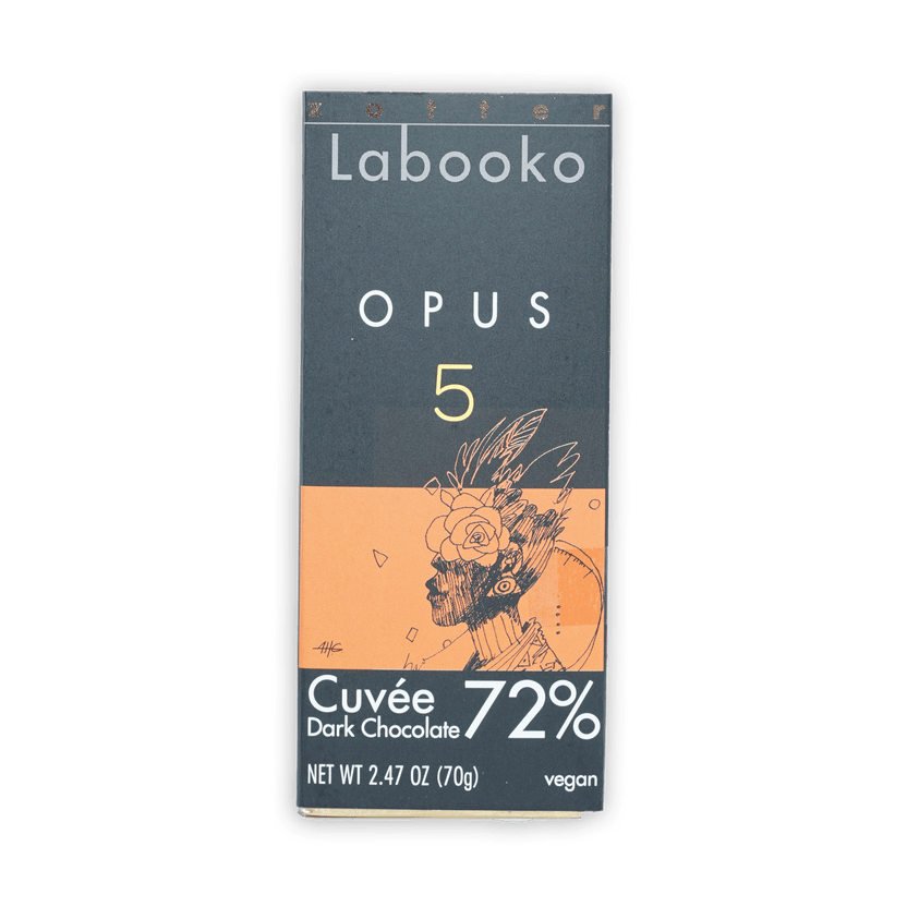 Labooko Opus 5 72% dark chocolate bar with orange black artistic wrapper