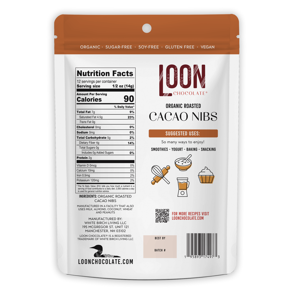 Loon Chocolate organic roasted cacao nibs white orange pouch