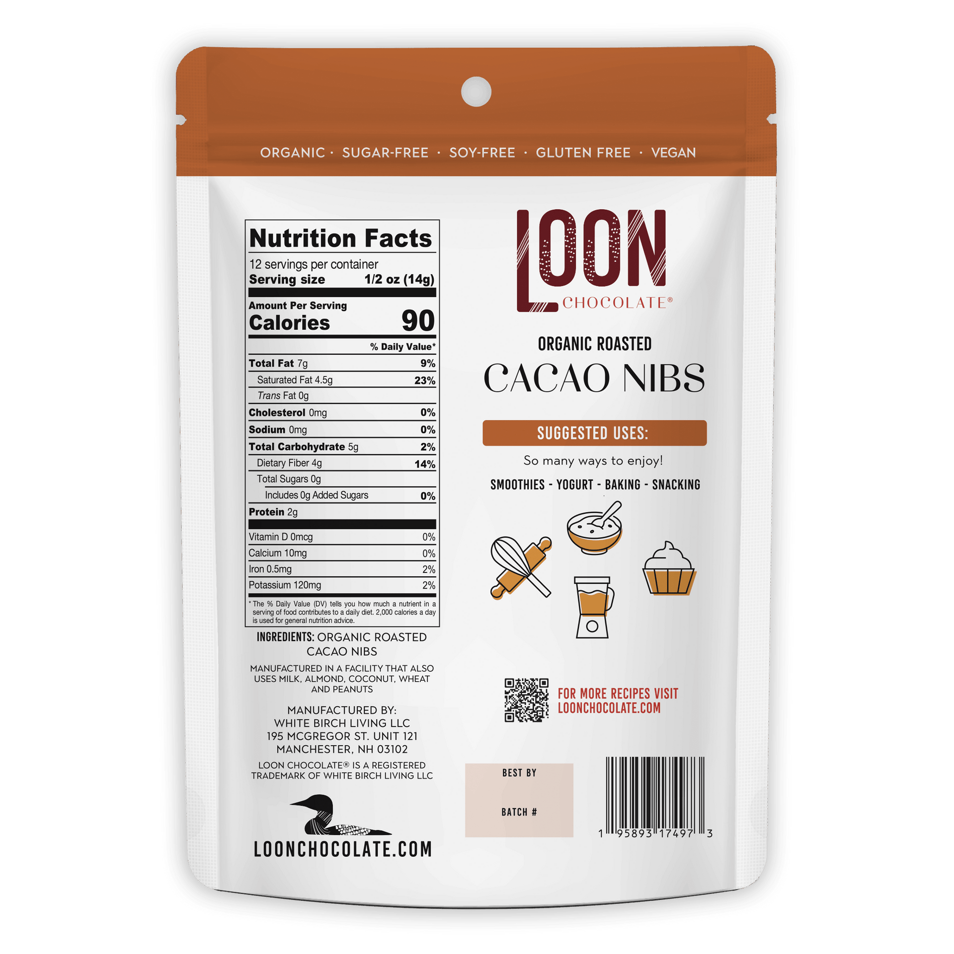 Loon Chocolate organic roasted cacao nibs white orange pouch