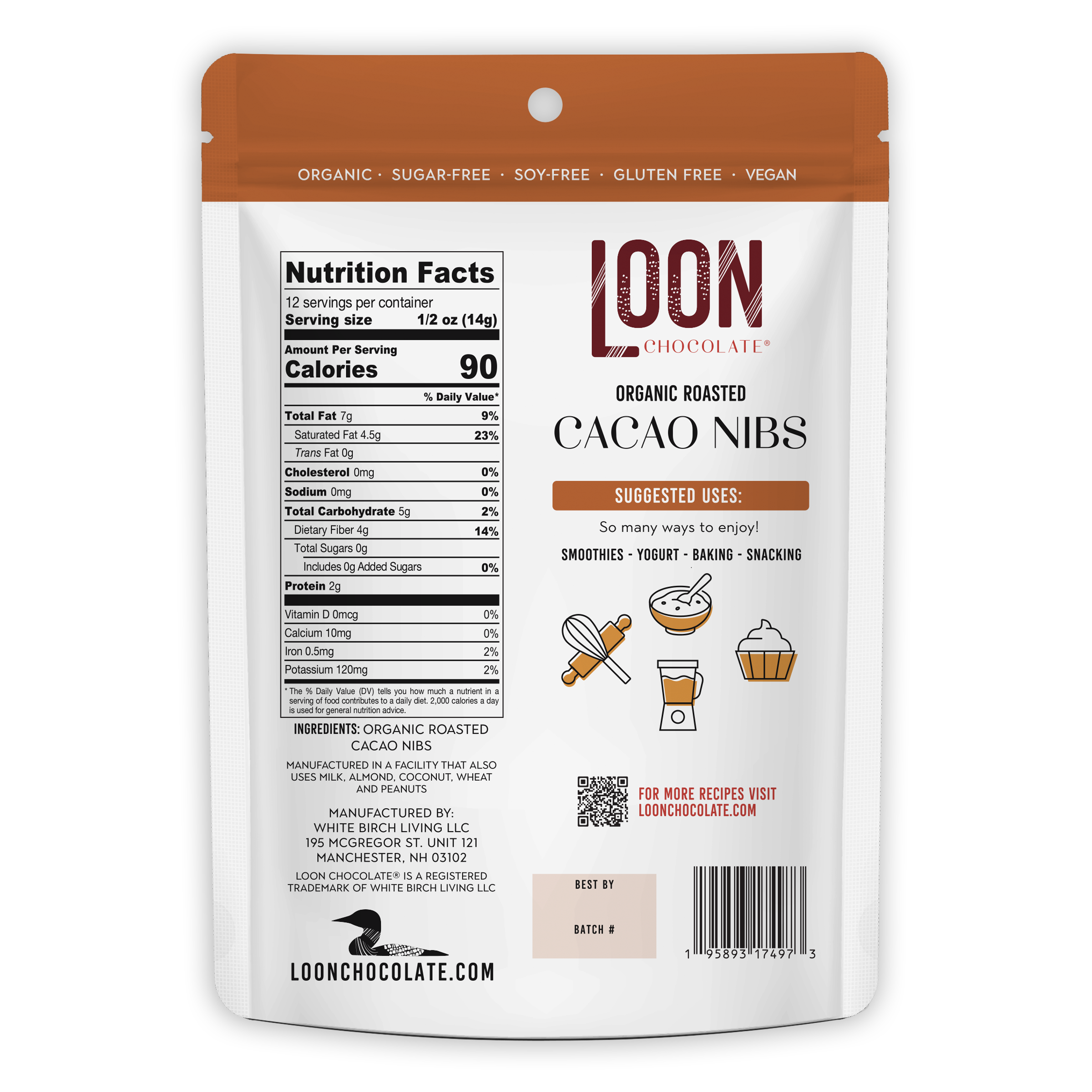 Loon Chocolate organic roasted cacao nibs white orange pouch