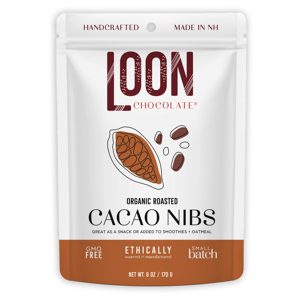 Loon Chocolate organic roasted cacao nibs white brown pouch New Hampshire