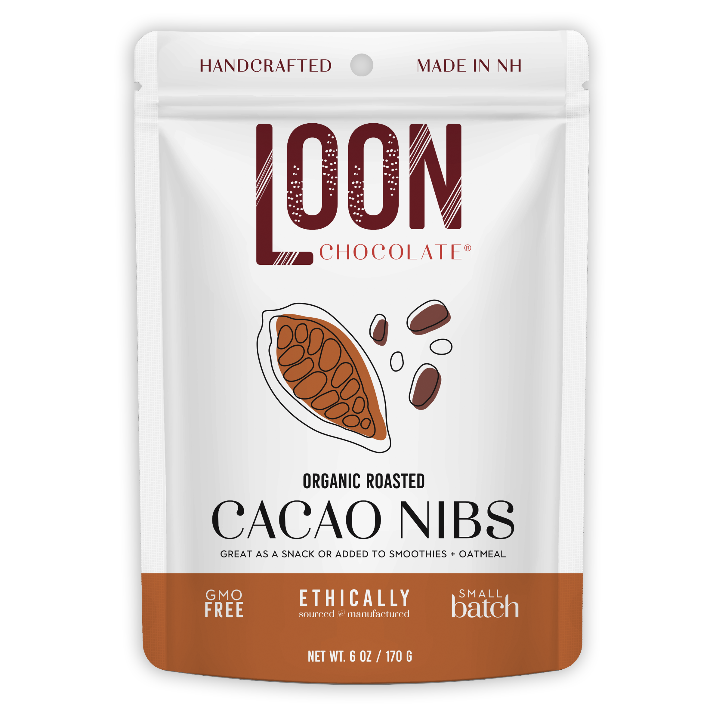 Loon Chocolate organic roasted cacao nibs white brown pouch New Hampshire