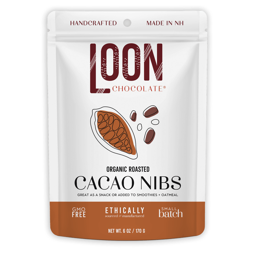 Loon Chocolate organic roasted cacao nibs white brown pouch New Hampshire