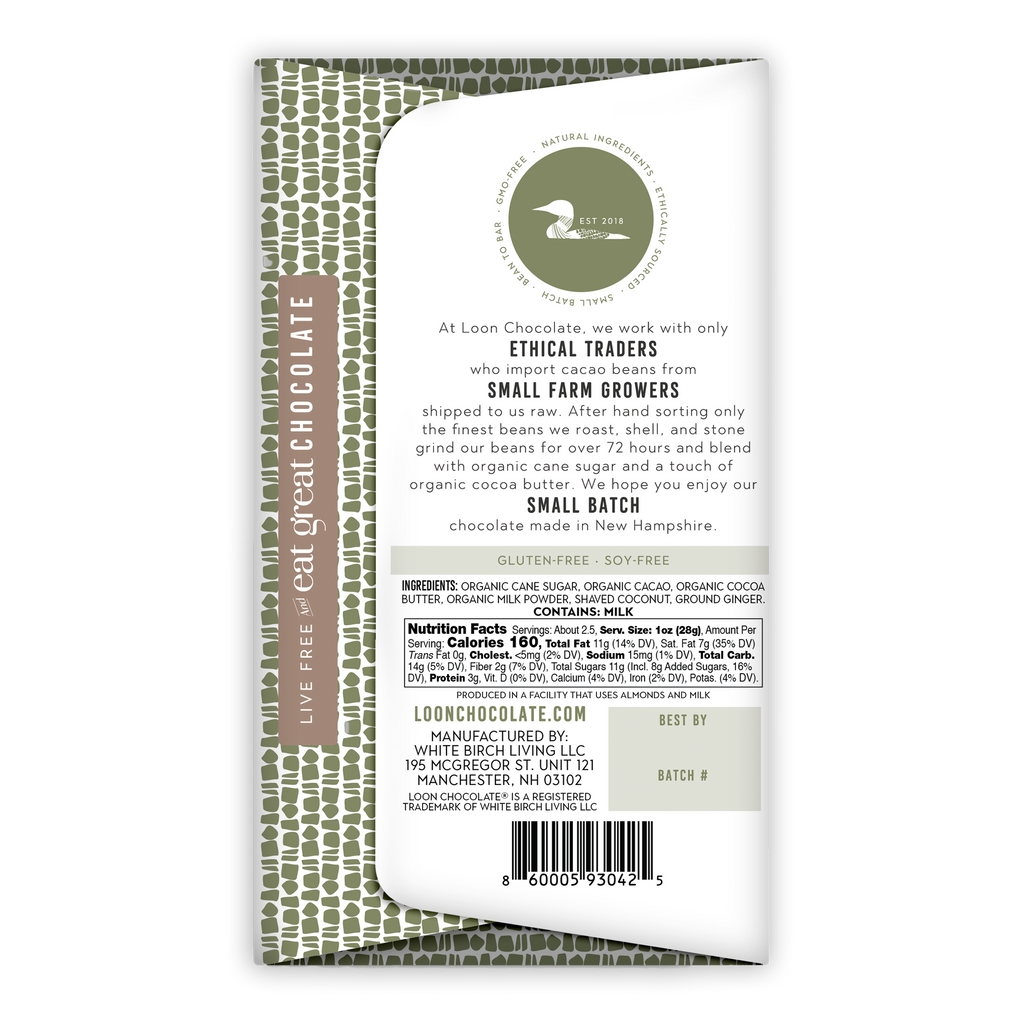 Loon Chocolate Caribbean Kiss Milk with Coconut and Ginger bar in white and olive green wrapper with bird logo