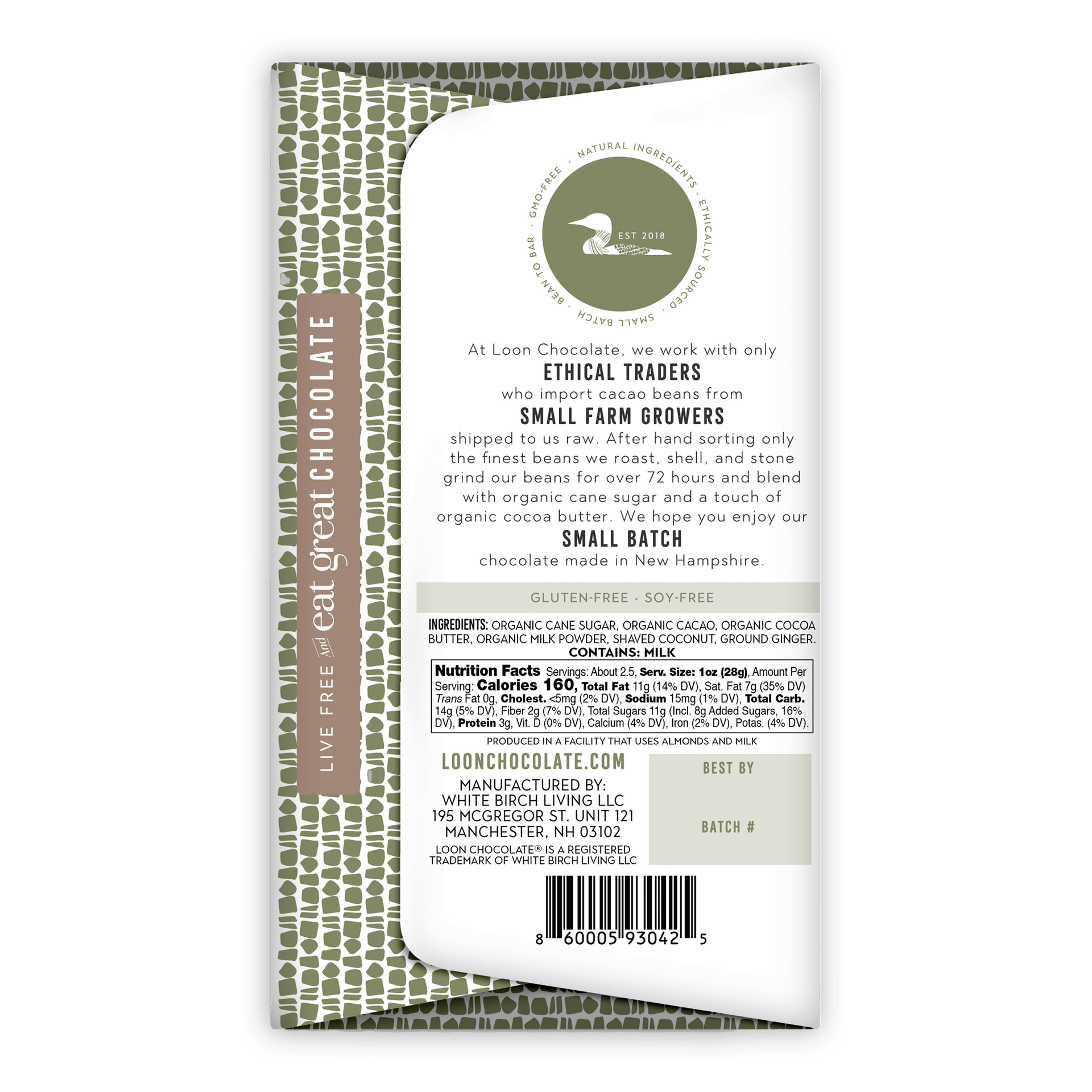 Loon Chocolate Caribbean Kiss Milk with Coconut and Ginger bar in white and olive green wrapper with bird logo