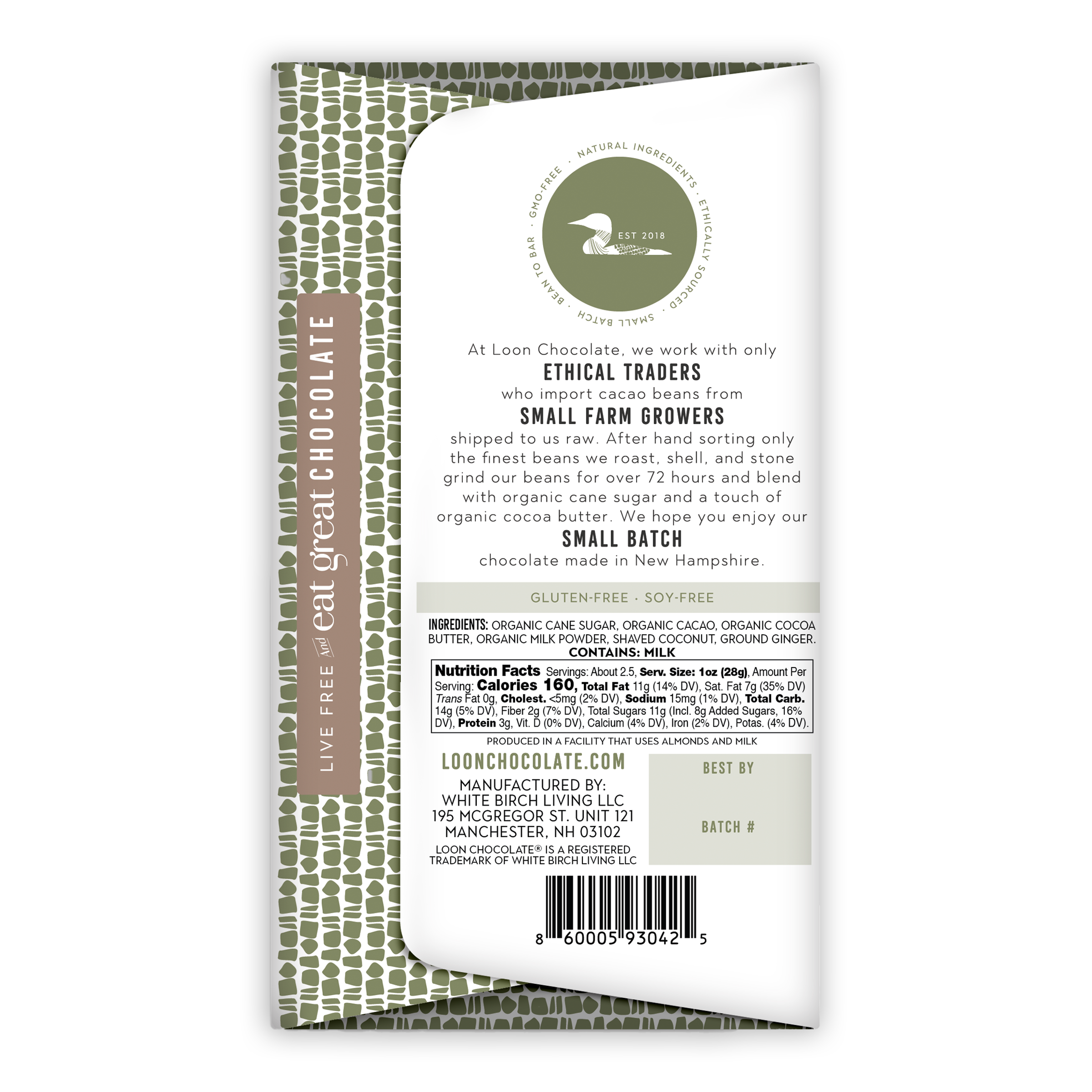 Loon Chocolate Caribbean Kiss Milk with Coconut and Ginger bar in white and olive green wrapper with bird logo