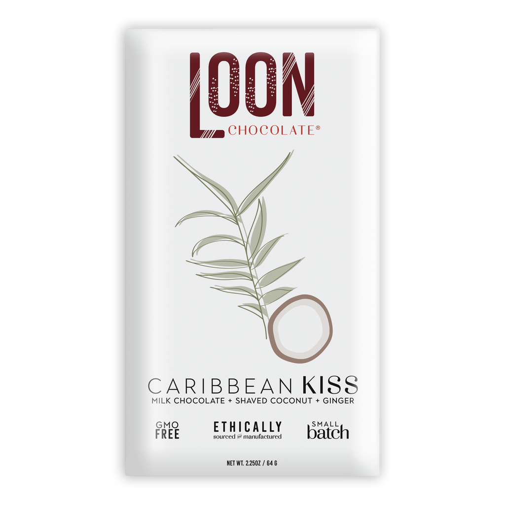 Loon Chocolate Caribbean Kiss milk chocolate bar with coconut and ginger