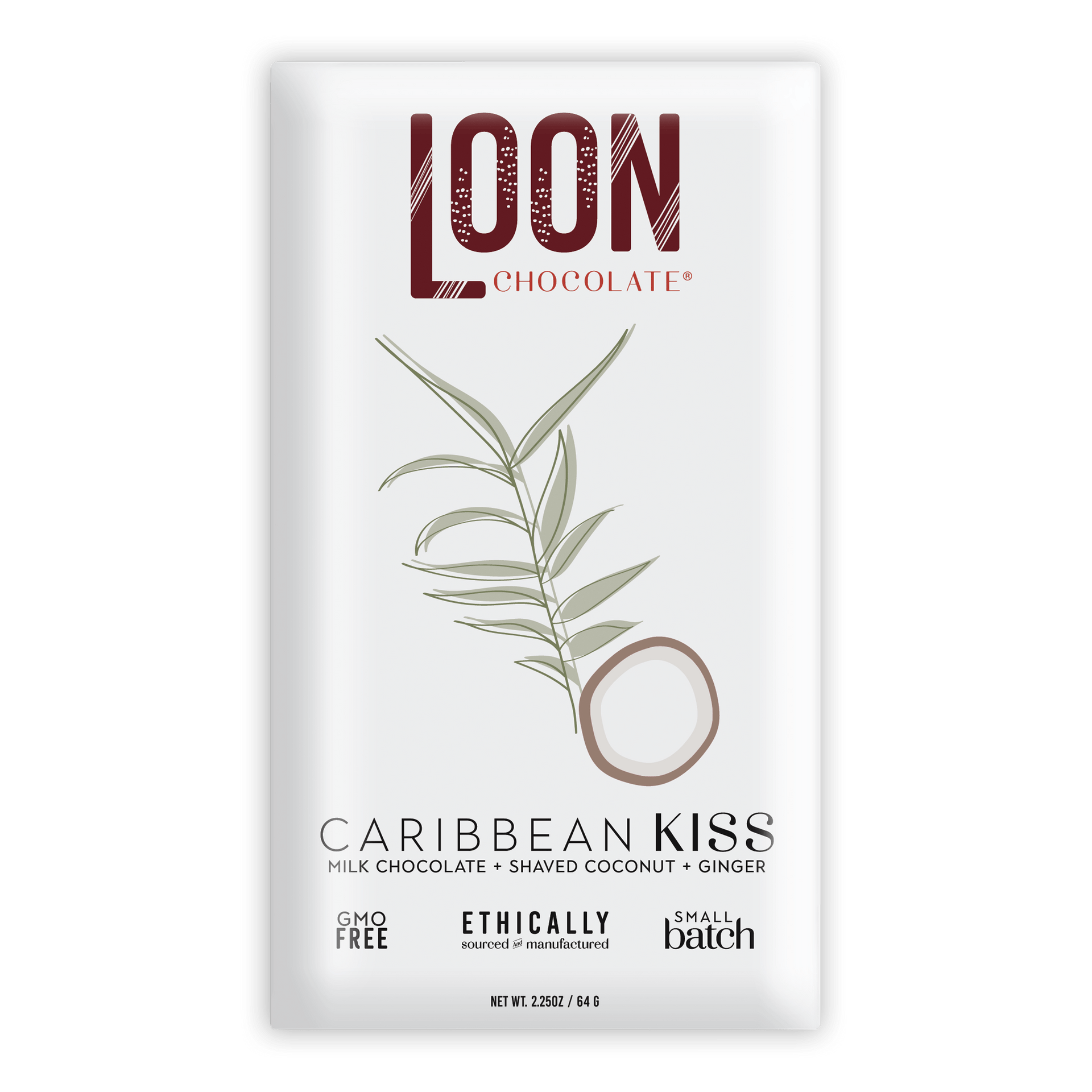 Loon Chocolate Caribbean Kiss milk chocolate bar with coconut and ginger