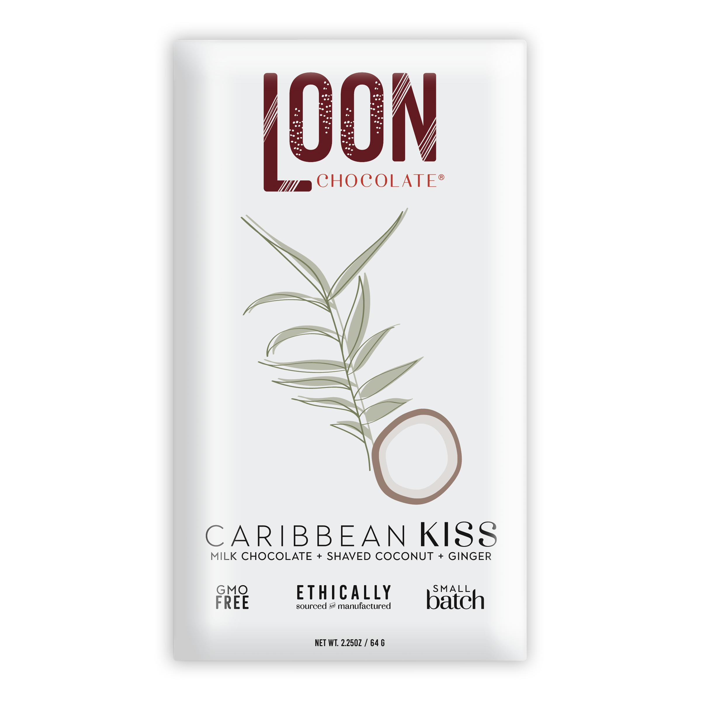 Loon Chocolate Caribbean Kiss milk chocolate bar with coconut and ginger