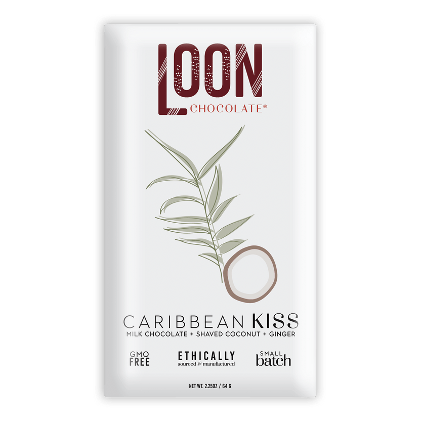 Loon Chocolate Caribbean Kiss milk chocolate bar with coconut and ginger