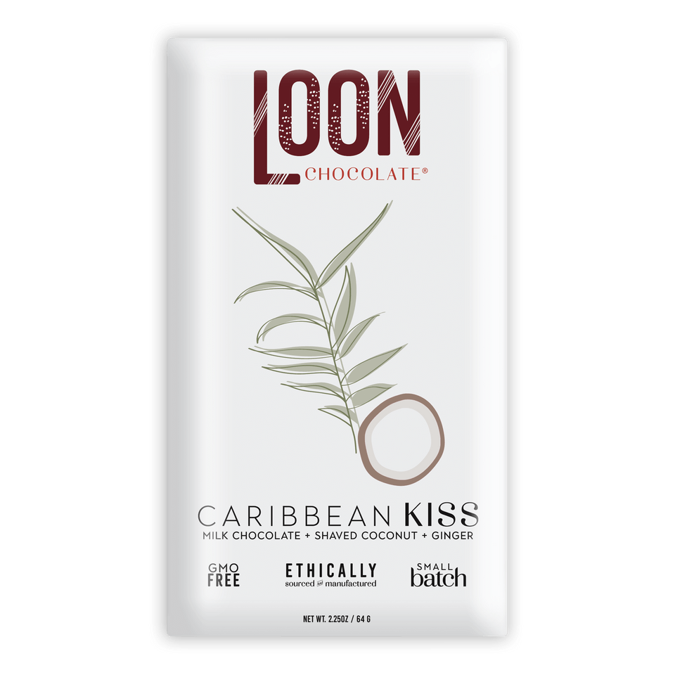Loon Chocolate Caribbean Kiss milk chocolate bar with coconut and ginger