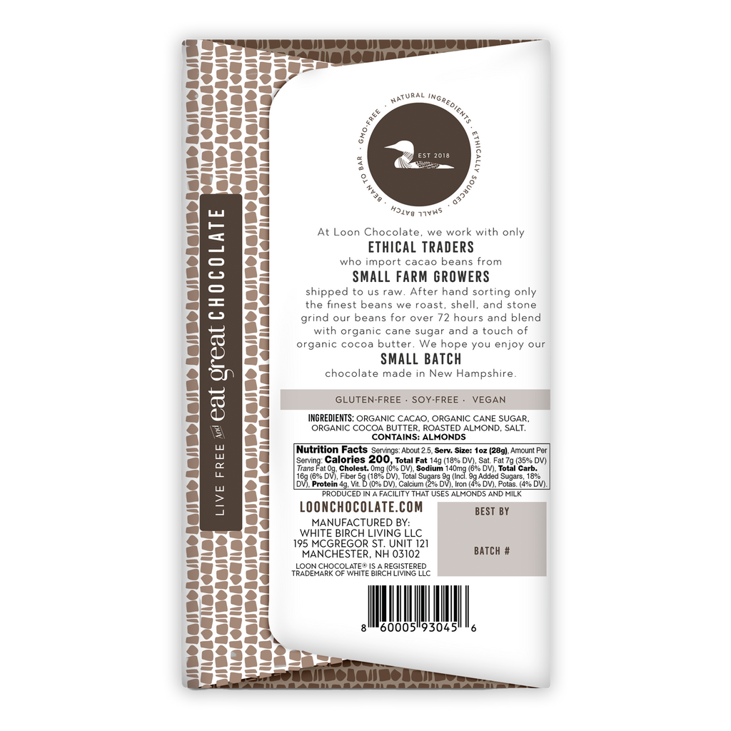Loon Chocolate Dark w/ Almonds 70% bar wrapper with bird logo