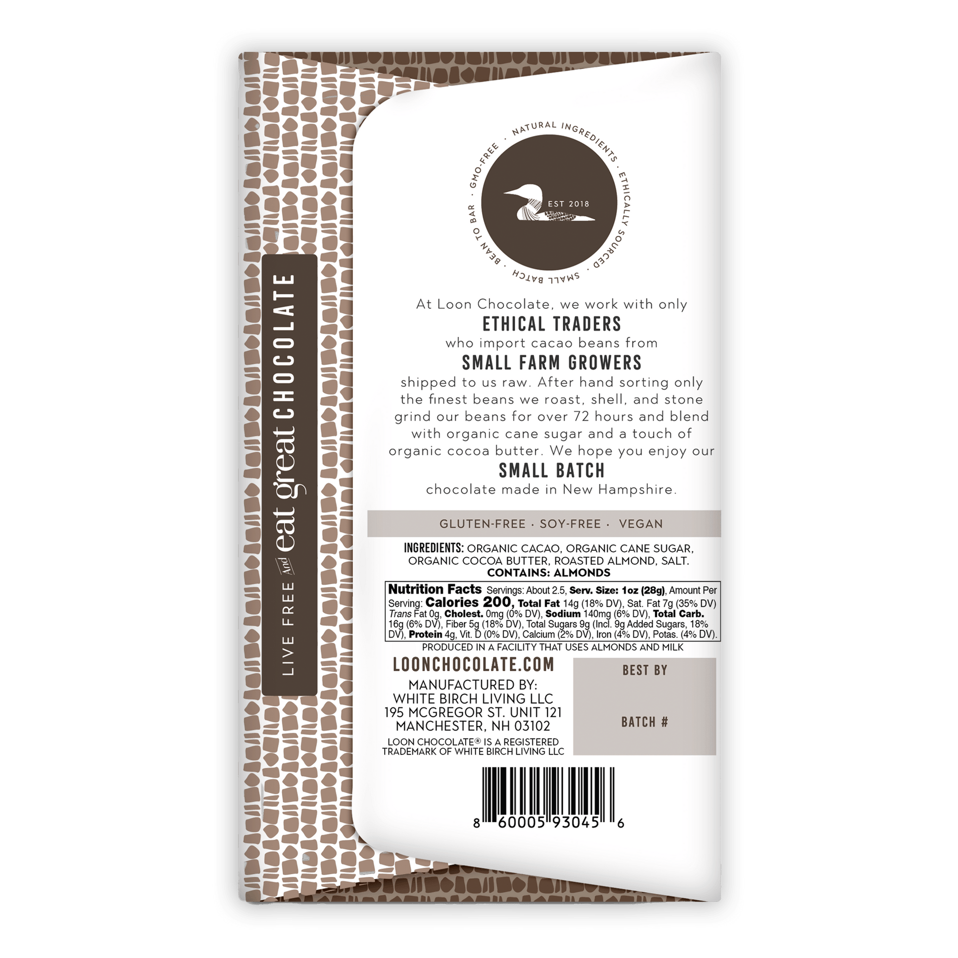 Loon Chocolate Dark w/ Almonds 70% bar wrapper with bird logo