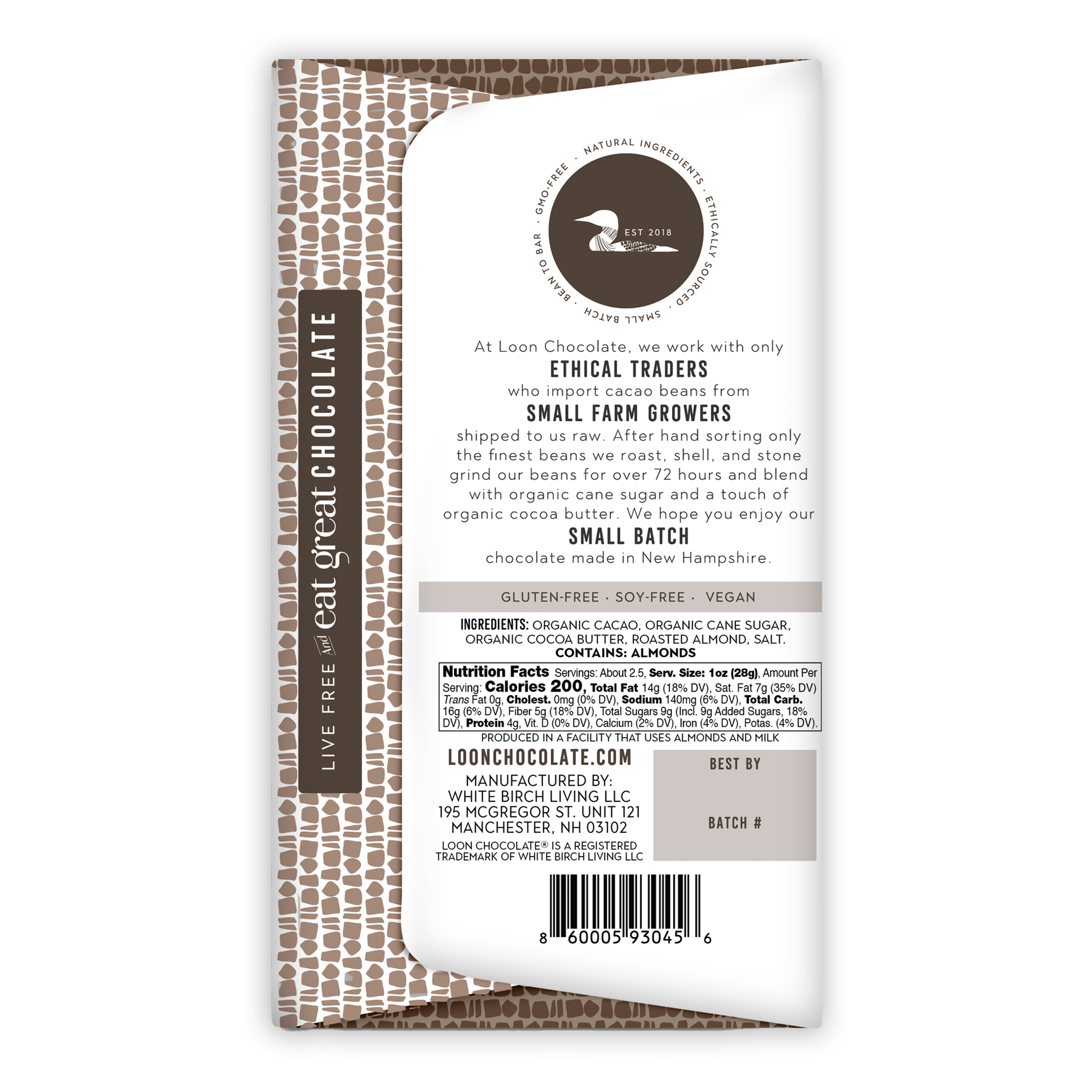 Loon Chocolate Dark w/ Almonds 70% bar wrapper with bird logo