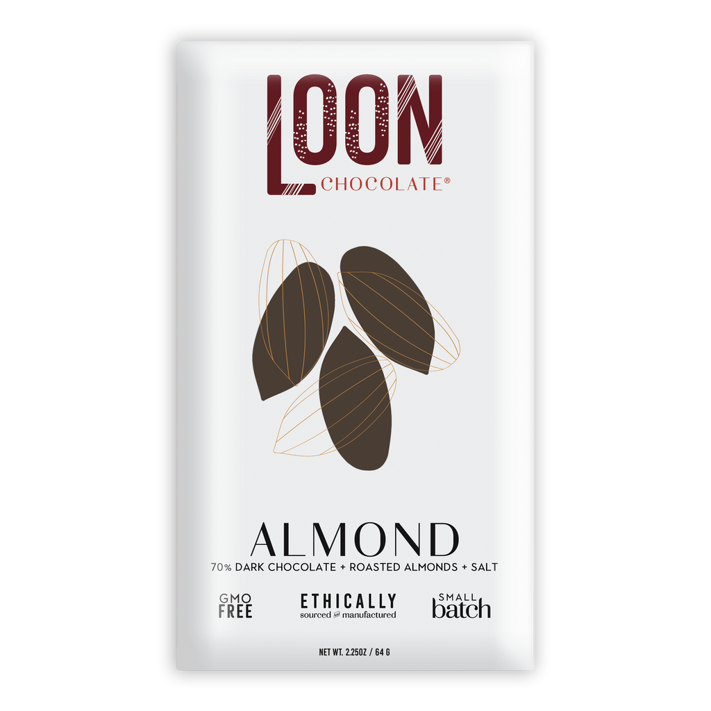 Loon Chocolate Dark w/ Almonds 70% bar in sleek white maroon wrapper