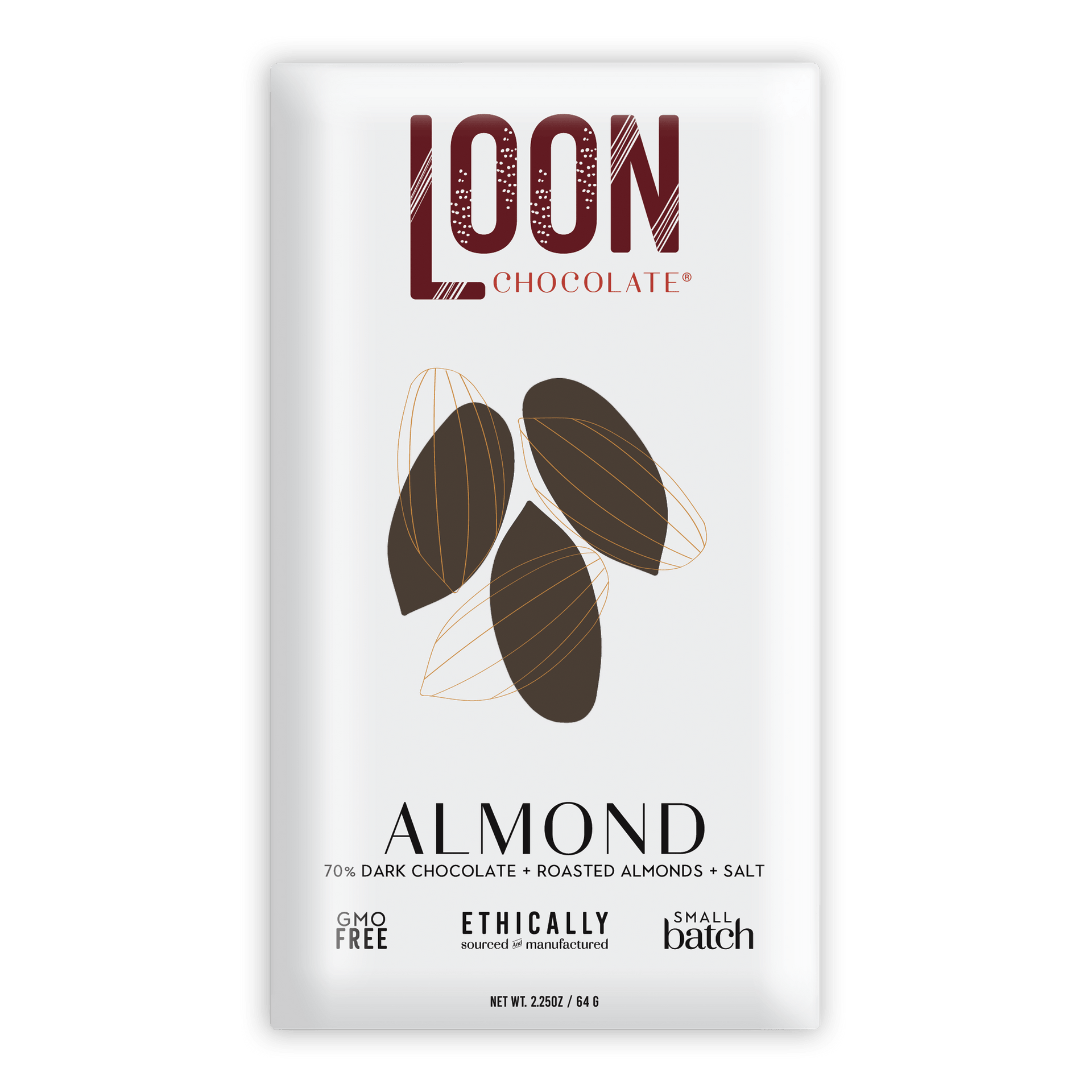 Loon Chocolate Dark w/ Almonds 70% bar in sleek white maroon wrapper