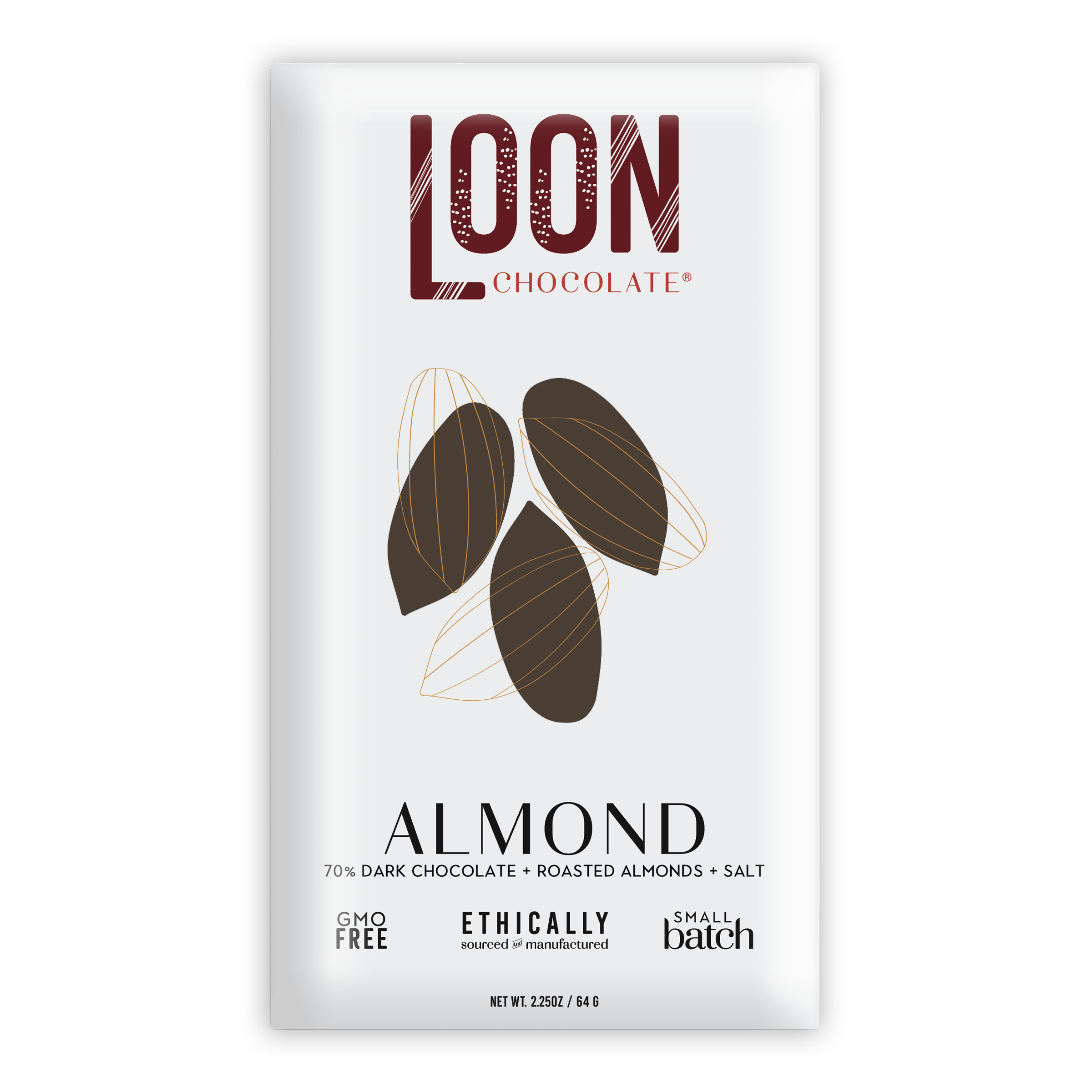 Loon Chocolate Dark w/ Almonds 70% bar in sleek white maroon wrapper