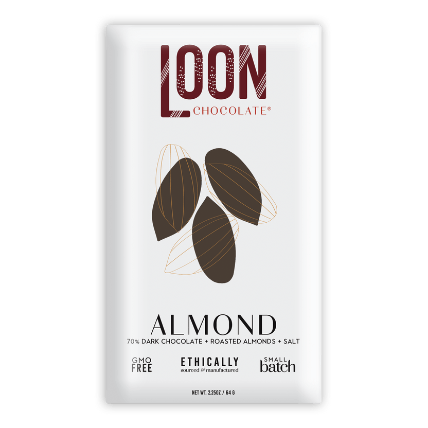 Loon Chocolate Dark w/ Almonds 70% bar in sleek white maroon wrapper