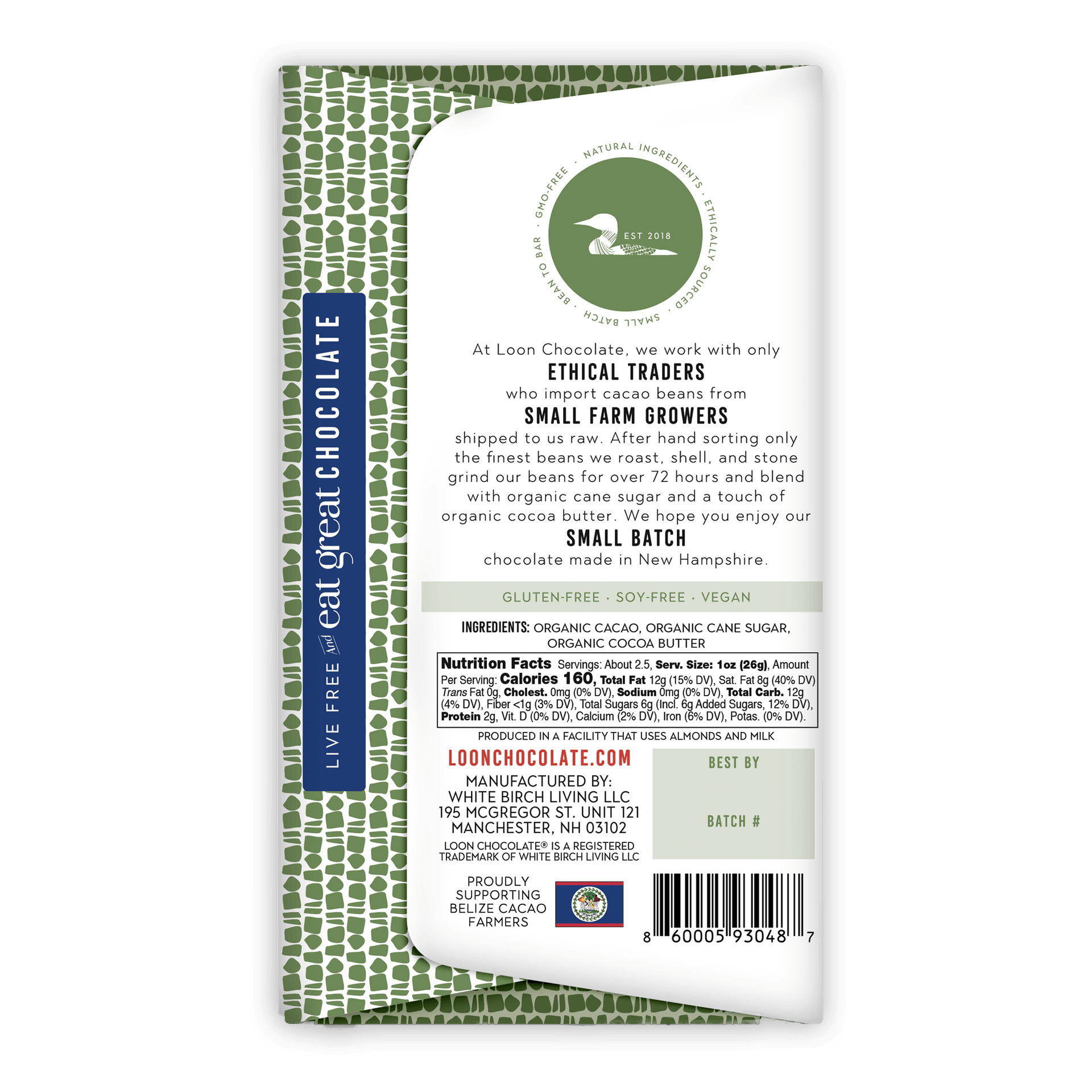 Loon Chocolate Dark Belize 75% bar wrapper with green border and blue stripe